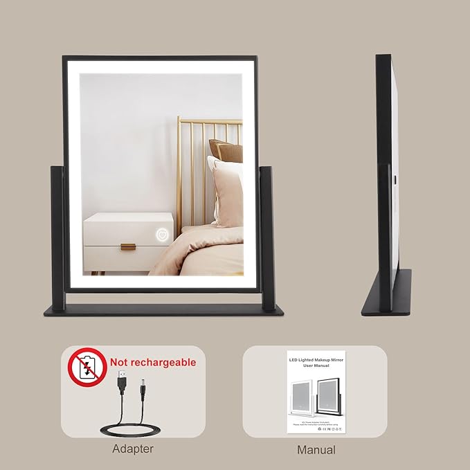 Beelux Vanity Mirror with Lights,16" Makeup Mirror with Light Smart Touch Control Dimmable 3 Modes Lighted LED Mirror 360°Rotation Black