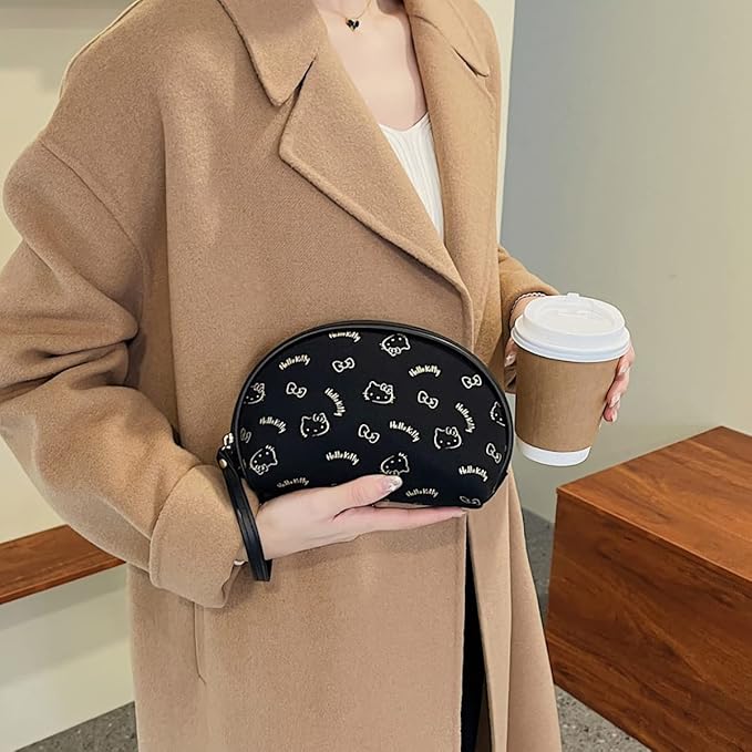 AmBealla Small Cosmetic Bag Portable Storage Bag for Women,Cute Compact Travel Makeup Bag for Keys and Phone, Black Hot Stamping Pattern Cotton Organizer with Wristband,Portable Mini Bag for Girls