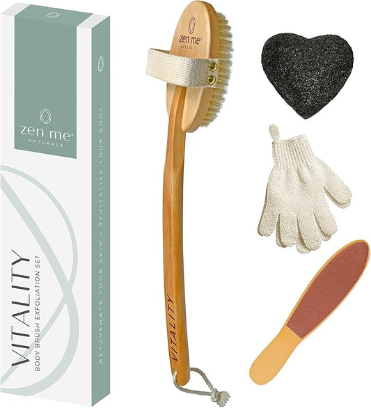 Dry Brushing Body Brush Set by Zen Me - Natural Exfoliation Kit with Premium Boar Bristle Brush, Shower Gloves, Konjac Facial Sponge & Foot File - for Lymphatic Drainage - Great Gift Set