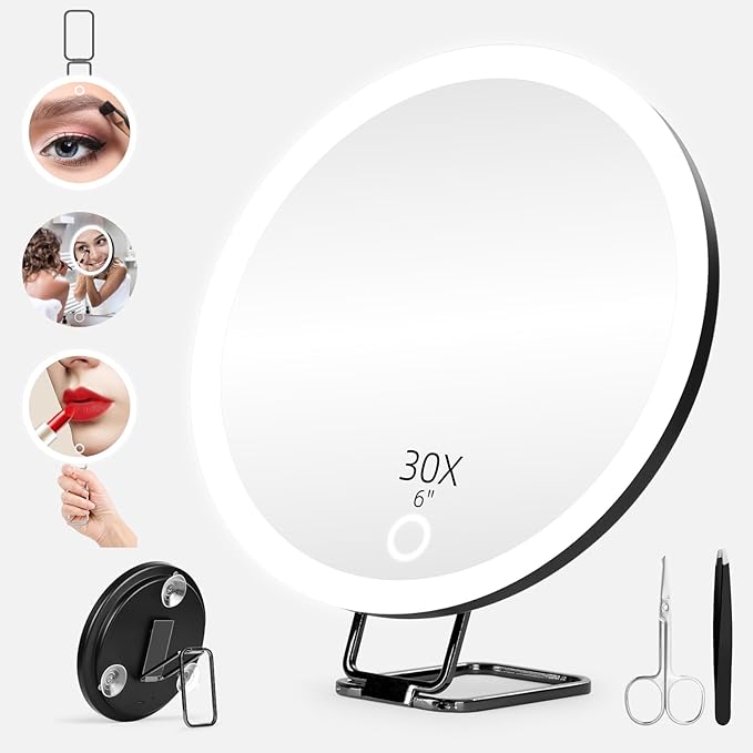 30X Magnifying Mirror with Lights, 6inch Makeup Magnified Mirror 30X Lighted Travel Magnification with 3 Suction Cups and 360° Adjustable Stand- Includes Tweezers & Scissors
