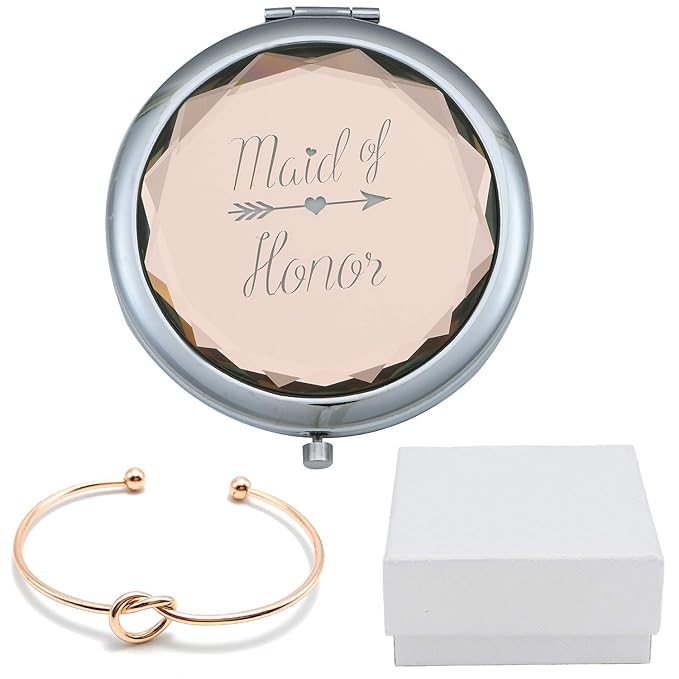 Maid of Honor Champagne Compact Pocket Makeup Mirror with Rose Gold Knot Bracelet and Gift Box for Wedding Proposal Gift