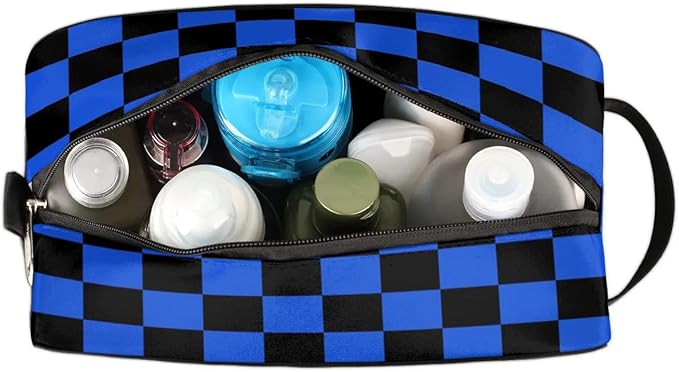 Black Blue Checkerboard Hanging Toiletry Bag,Travel Hygiene Kits for Boys Mens,Waterproof Makeup Carry-on Bags,Cosmetic Bag,TSA Approved Shave Dopp Kit for Toiletries Shower Bathroom Accessories Gifts