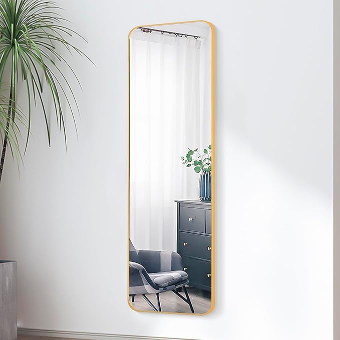 57x20 Door Hanging Full Length Mirror, Floor Stand (Height 5.7ft just Body in1.3ft) Wall Mounted Metal Frame Rectangle Dressing Mirrors for Bedroom Room 57 inch Gold