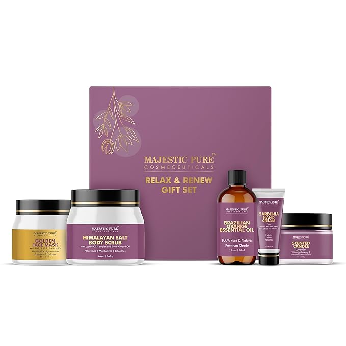 Majestic Pure Mothers Day Gift Set set of 5- (Brazilian Orange oil 1oz, Scented Candle - 50g, Gardenia Hand Cream - 20g, Himalayan Salt Body Scrub - 160g, Gold Face Mask - 100g)