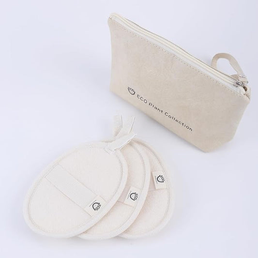 Oval Natural Loofah Bath-Sponge-3 Count, Exfoliating Body Scrubber for Women and Men,Exfoliate & Soothe Face & Body, Biodegradable Fashion Storage Bag