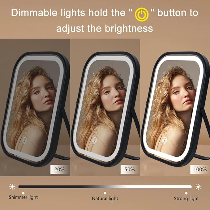 Black Travel Mirror with Lights, Small LED Makeup Mirror with Lights,Portable Desk Mirror 1200mAh Battery,3 Color Modes,Dimmable Touch Screen, Tabletop Folding Compact Mirror,Women Gift