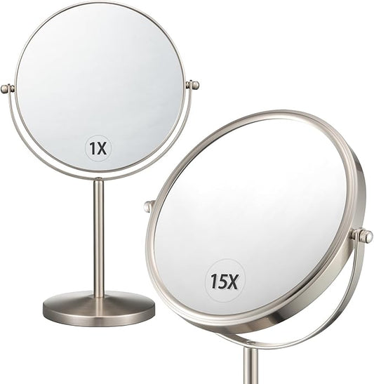 ALHAKIN 1X/15X Magnifying Mirror, Double Sided Makeup Mirror with Stand for Desk, 8 Inch Vanity Tabletop Mirror with 360° Rotation Portable for Bathroom Bedroom, Nickel