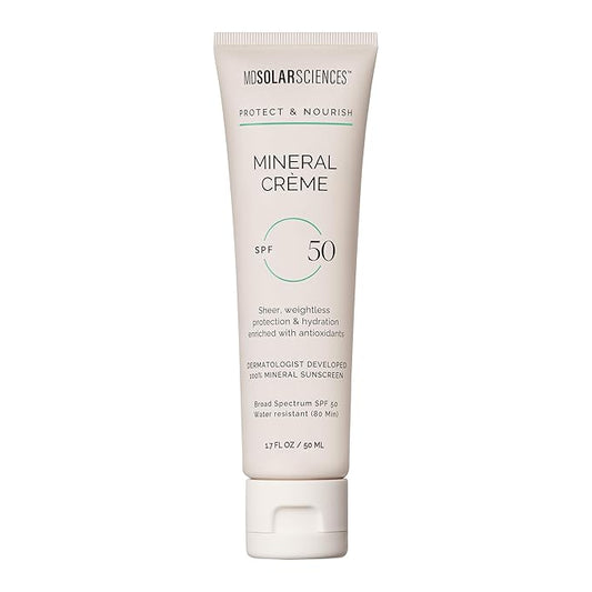MDSolarSciences Mineral Crème Sunscreen SPF 50 | Water-Resistant, Broad Spectrum UV Protection | Zinc Oxide Formula with Antioxidants | No White Cast, Sheer Matte Finish for All Skin Types (1.7 Fl Oz)