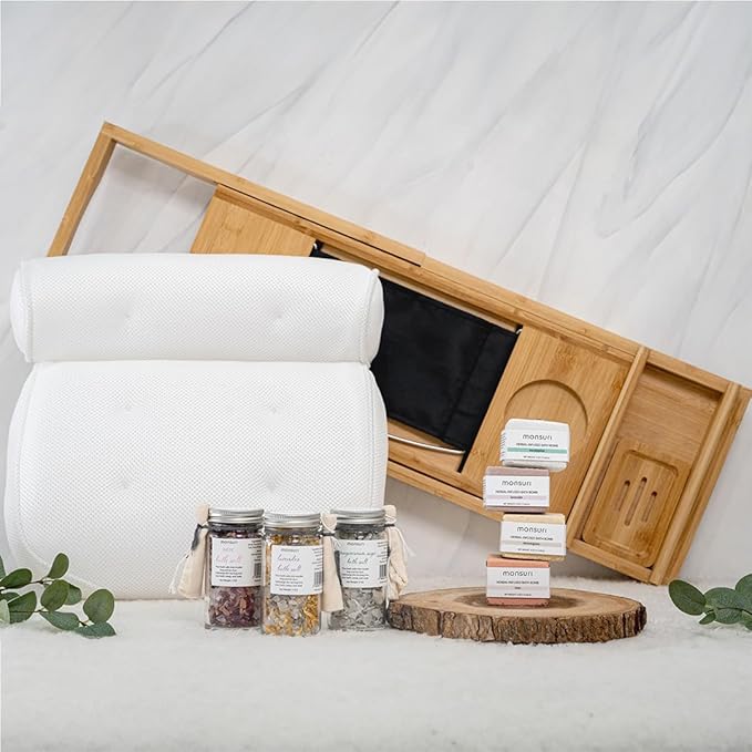 Luxurious Bath Gift Set for Women: Bamboo Bathtub Tray Caddy, Bath Spa Pillow, Bath Bombs & Bath Salts - Ultimate Spa Day Gifts for Women, Relaxation Gift Basket for Moms & Self Care