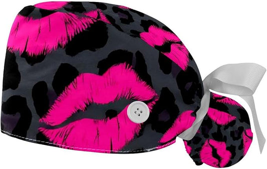 2 PCS Bouffant Cap with Button Ponytail Pouch Working Cap Sweatband Adjustable Surgical Cap Black and White Cow