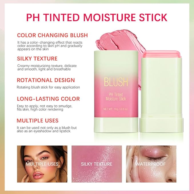 PH Tinted Moisture Stick, Multi-Use Cream Color Changing Blush, 3-in-1 Blush Stick for Cheek/Eyes/Lips, Waterproof Hydrating Tinted Solid Makeup Products (2#hot red)