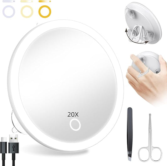 Lighted 20X Magnifying Mirror, Makeup 20X Magnification with Suction Cups, Ring Handheld Magnified Mirror with 3 Color Dimming Rechargeable 5inch Travel Magnification with Tweezers & Scissors Set