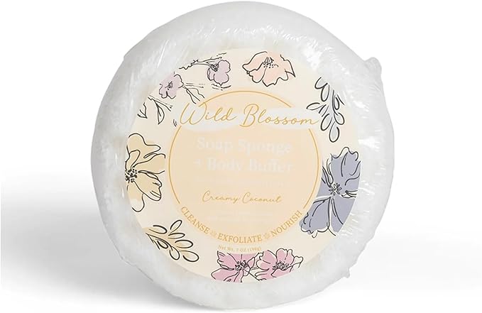 Soap Sponge and Exfoliating Body Buffer, 7 Ounce Scrub with Shea Butter and Essential Oils, Creamy Coconut