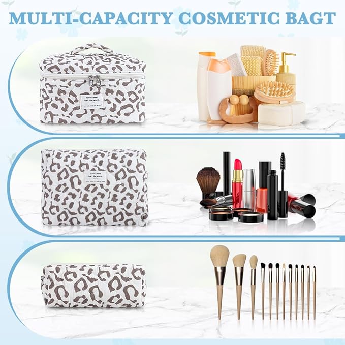 3Pcs Cotton Quilted Makeup Bag Set,Large Floral Cosmetic Bag,Aesthetic Toiletry Travel Makeup Bag Set and Cute Flower Bag for Women Girls(White Leopard Print)