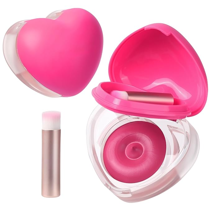 Heart-Shaped Cream Blush for Cheeks & Lips – 2-in-1 Tinted Lip and Cheek Balm Kit with Mini Brush – Blendable Dewy Blusher Face Makeup for Women, Portable Compact for Travel & On-the-Go Touch Ups 06