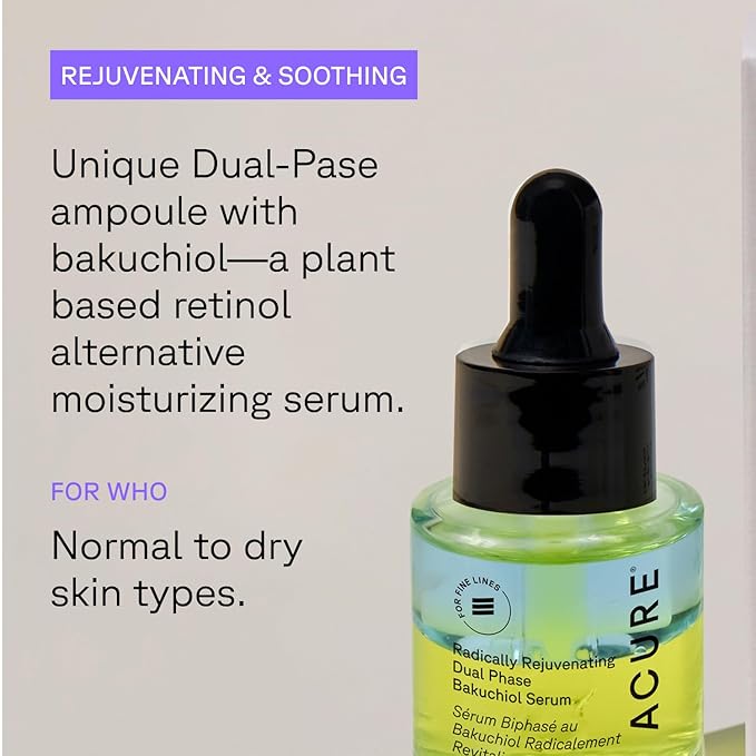Acure Radically Rejuvenating Dual Phase Bakuchiol Serum - Anti-Aging & Soothing Skin Support - All Natural Made with Eggplant, Turmeric & Bakuchiol - Vegan Skin Care, Hydrates & Defends - 0.67 oz