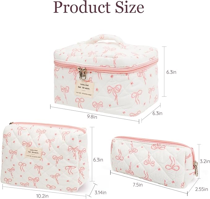 3Pcs Cotton Quilted Makeup Bag Set,Large Floral Cosmetic Bag,Aesthetic Toiletry Travel Makeup Bag Set and Cute Flower Bag for Women Girls (Flower Bow)