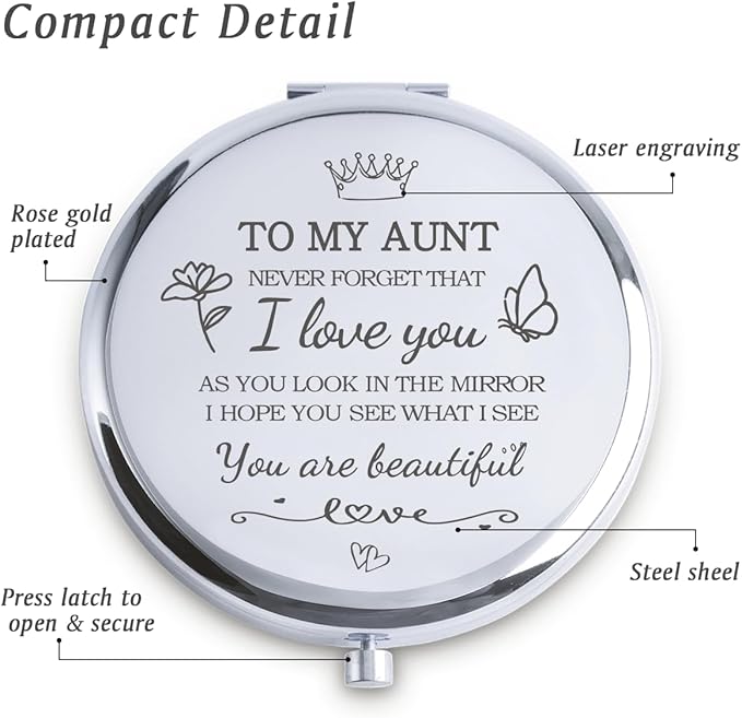 Aunt Gifts from Niece Nephew, Personalized Compact Mirrors, Unique Mothers Day Birthday Gifts for Aunt Auntie