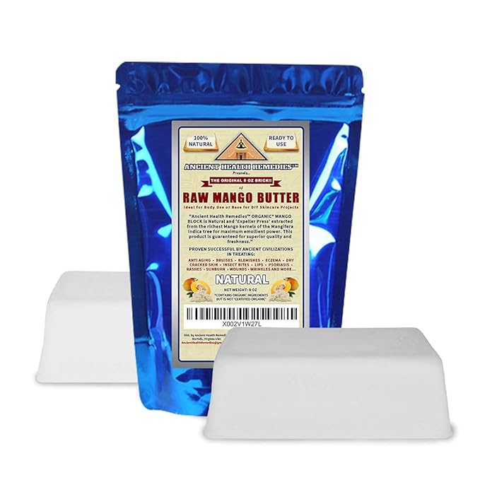 ANCIENT HEALTH REMEDIES Organic Unrefined Raw MANGO BUTTER JAR/BLOCKS Bulk, Light Mango Aroma, Non-Greasy Base for Beauty, Skin Moisturizing, DIY Base for Body Butter & Hand Creams (8OZ)