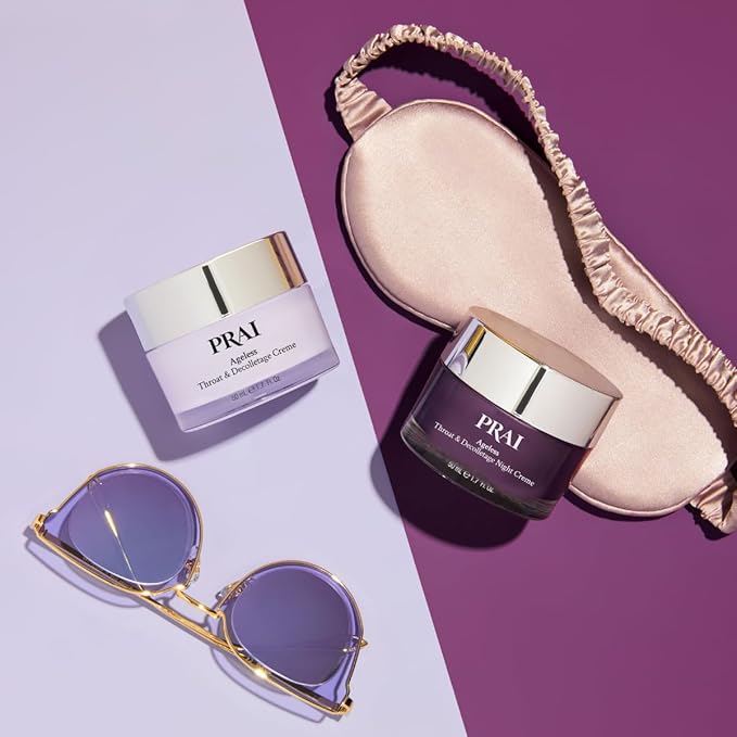 PRAI Beauty Ageless Day and Night Neck Creme Set | 1 Throat & Decolletage Day Creme and 1 Throat & Decolletage Night Creme | Skin Tightening Cream Set for Instantly Ageless Neck | 1.7 Oz Each