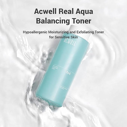 ACWELL Real Aqua Balancing LHA Hydrating & Exfoliating Facial Toner 5.4 fl.oz. - with Mineral Water pH Balancing Toner for Strengthening Skin Moisture Barrier for Sensitive Skin