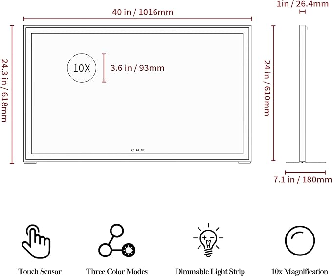 ANYHI Extra Large Vanity Mirror with LED Light, 40"x24.3" Big Size Lighted Vanity Mirror with 10X Magnifying, Tabletop/Wall Mounted, 3 Color Modes, Silver