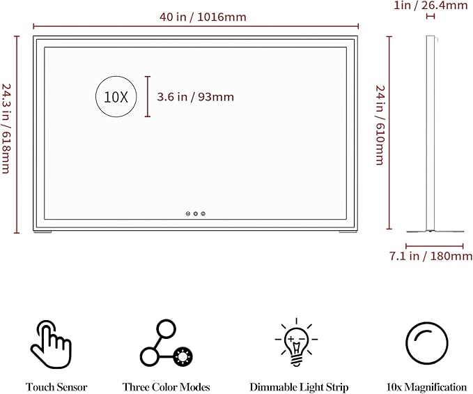 ANYHI Extra Large Vanity Mirror with LED Light, 40"x24.3" Hollywood Vanity Mirror with 10X Magnifying, Big Size Makeup Mirror, Tabletop/Wall Mounted, White
