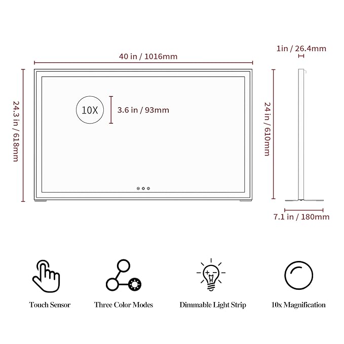 BEAUTME Large Vanity Mirror with Lights 40x24 inch,Lighted Makeup Mirror with Lights fo Bedroom/Dressing Table/Bathroom,Light Up/Aluminum Frame White (Horizontal/Vertical)