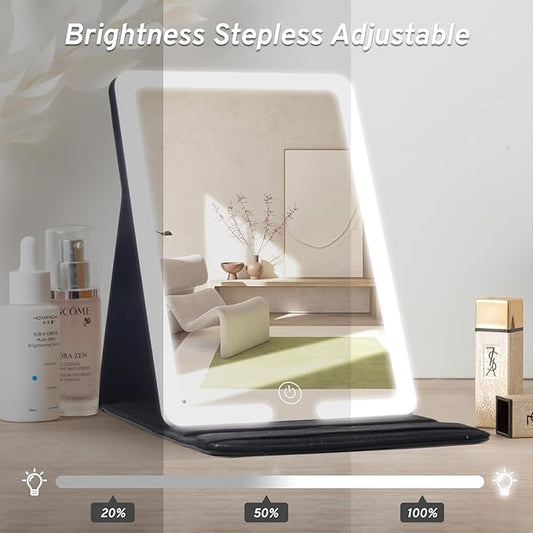 Travel Makeup Mirror with Lights, PU Leather Cover Vanity Mirror with 3 Light Settings, Rechargeable 1500mAh Lighted Makeup Mirror Portable Ultra-Slim LED Cosmetic Mirror of 8x5.5inch