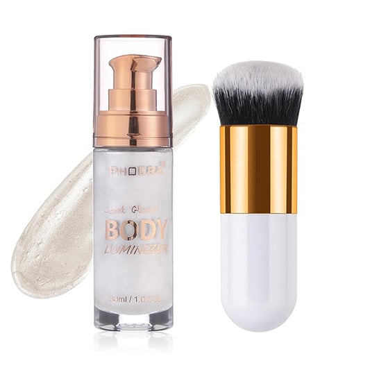 Diamond Platinum #05 Body Shimmer Oil: Waterproof, Long-Lasting Moisturizing Bronze Glow for Face & Body, 1oz Jars, Includes Makeup Brush