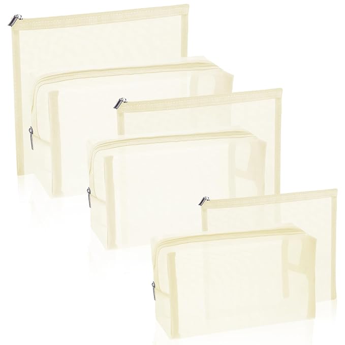 Boao 6 Pieces Mesh Makeup Bags Mesh Cosmetic Bag Portable Travel Organizing Zipper Pouch Toiletries Makeup Pouches for Home Office Travel Accessories (Beige)