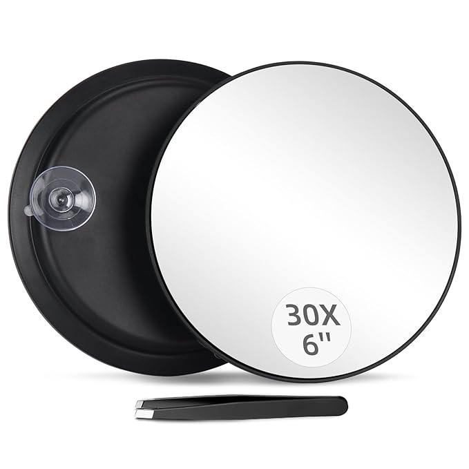 30X Magnifying Mirror, 6inch Magnified Mirror with 3 Suction Cups, Compact Travel Mirror for Makeup, Shaving, Blackhead Removal (Black-30X)
