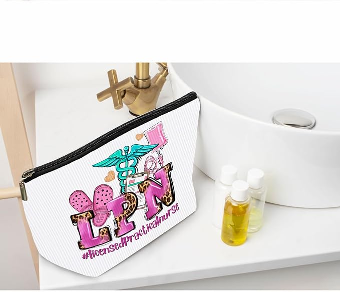 Ayxvt LPN Licensed Practical Nurse Corduroy Cosmetic Bag,Retro Gorgeous Pink Leopard Clipart Decorative Makeup Bag Zipper Pouch Toiletry,Nurse's Day Nurse Graduation Gifts for Women Girls（Corduroy）