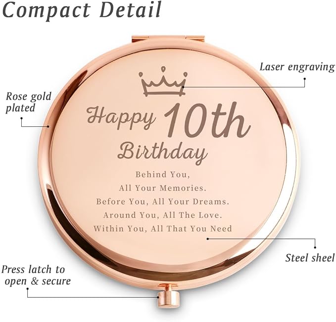 13th Birthday Gifts for Girls, Sweet Female Presents for 13 Year Old for Daughter Niece Granddaughter Sister Friend, Personalized Engraved Compact Mirror Gift Ideas
