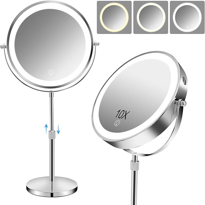8.7" Large Lighted Makeup Mirror, 1X/10X Magnifying Mirror with 3 Color Dimmable Lights, Double Sided Vanity Mirror, Height Adjustable, 360° Swivel Cosmetic Mirror for Women Girl(Silver)