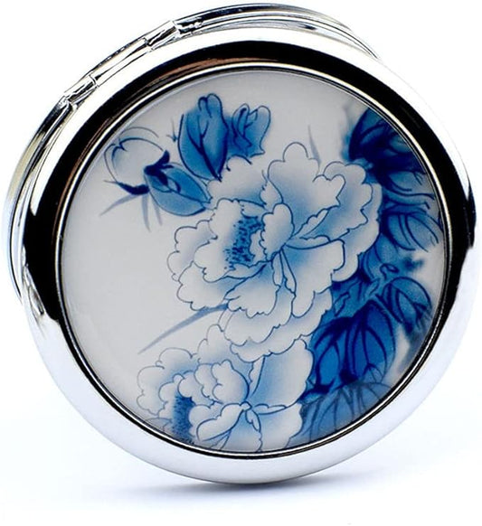 Blue Magnifying Compact Mirror for Purse - 1x/2x Magnification Travel Makeup Mirror,Small Flower Pocket Mirrors,Handheld 2-Sided Portable Cosmetic Mirrors,Compact Mirror for Gift