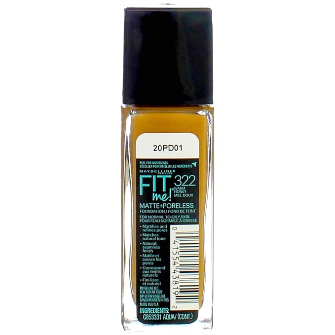 Maybelline New York Fit Me! Matte + Poreless Foundation, Warm Honey [322] 1 oz (Pack of 4)