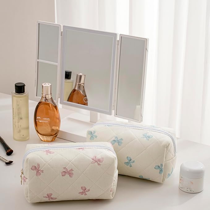 Makeup Bag Travel Cosmetic Bag for Women Girls, Zipper Make Up Pouch, Floral Flowers Toiletry Organizer Makeup, Portable Storage Cosmetic Travel Cloth Bag (Pink Bow Tie+Blue Bow Tie)