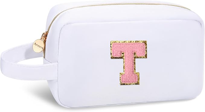 Aveniee Teacher Appreciation Gifts,Personalized Initial Makeup Bag,Large Preppy Cosmetic Bag,Birthday Christmas Gifts for Teachers,Moms,Bridesmaids,Best Friends-White T