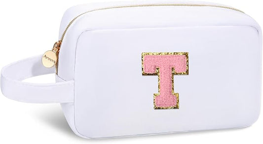 Aveniee Teacher Appreciation Gifts,Personalized Initial Makeup Bag,Large Preppy Cosmetic Bag,Birthday Christmas Gifts for Teachers,Moms,Bridesmaids,Best Friends-White T
