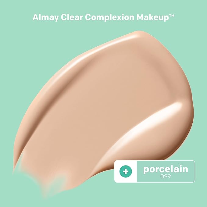 Almay Clear Complexion Acne Foundation Makeup with Salicylic Acid, Medium Coverage, Soft Matte Finish, Hypoallergenic, Cruelty- & Fragrance-Free, Dermatologist Tested, 099 Porcelain, 1 fl oz