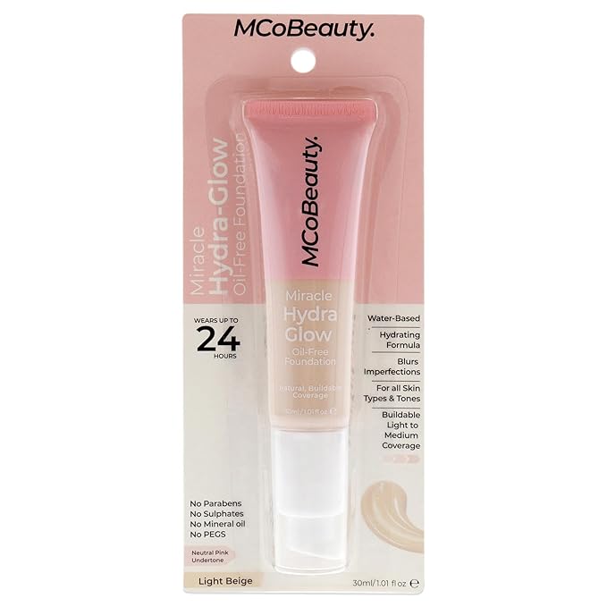 MCoBeauty Miracle Hydra Glow Oil-Free Foundation - Water-Based, Light-Medium Coverage - Features A Natural Satin Finish - Ultimate Radiant Base - With A Second-Skin Feel - Light Beige - 1 Oz
