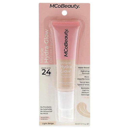 MCoBeauty Miracle Hydra Glow Oil-Free Foundation - Water-Based, Light-Medium Coverage - Features A Natural Satin Finish - Ultimate Radiant Base - With A Second-Skin Feel - Light Beige - 1 Oz