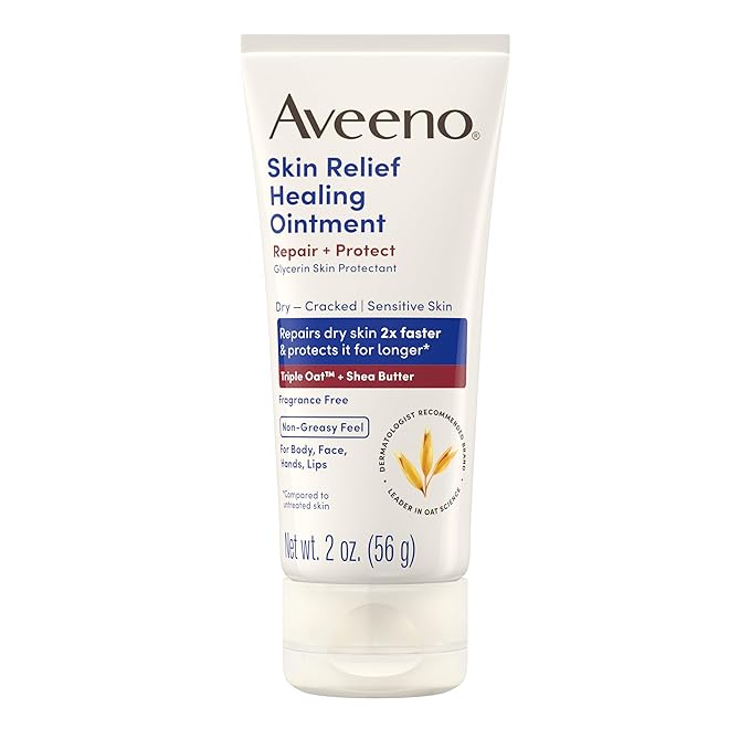 Aveeno Skin Relief Healing Ointment, Repair & Protect Extra Dry, Cracked Skin, Glycerin Protectant with Triple Oat & Shea Butter, Fragrance-Free & Non-Greasy Feel, Travel Size, 2.0 oz