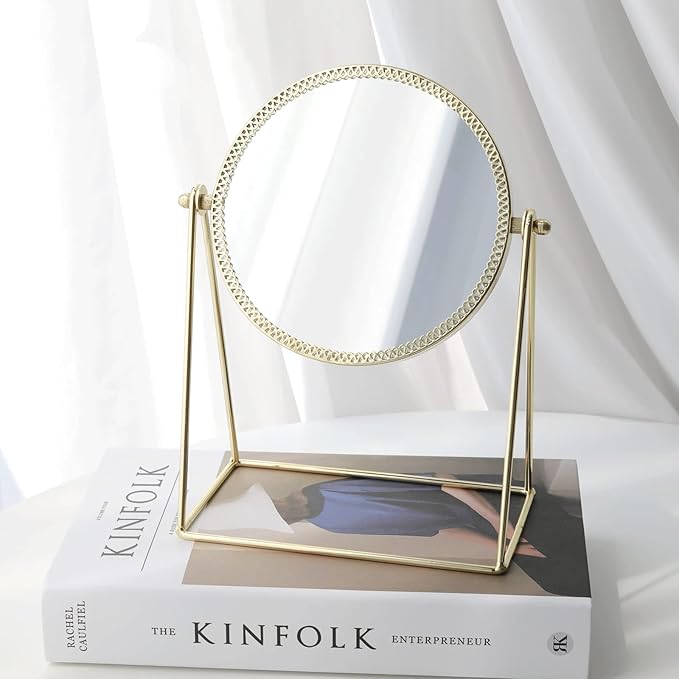 LONGSHENG - SINCE 2001 - Makeup Mirror Single Sided Vanity Mirror Vintage 360° Rotation Metal Cosmetic Mirror Round Beauty Mirror Handmade Make Up Mirror for Dresser Vanity Table Desk - Gold