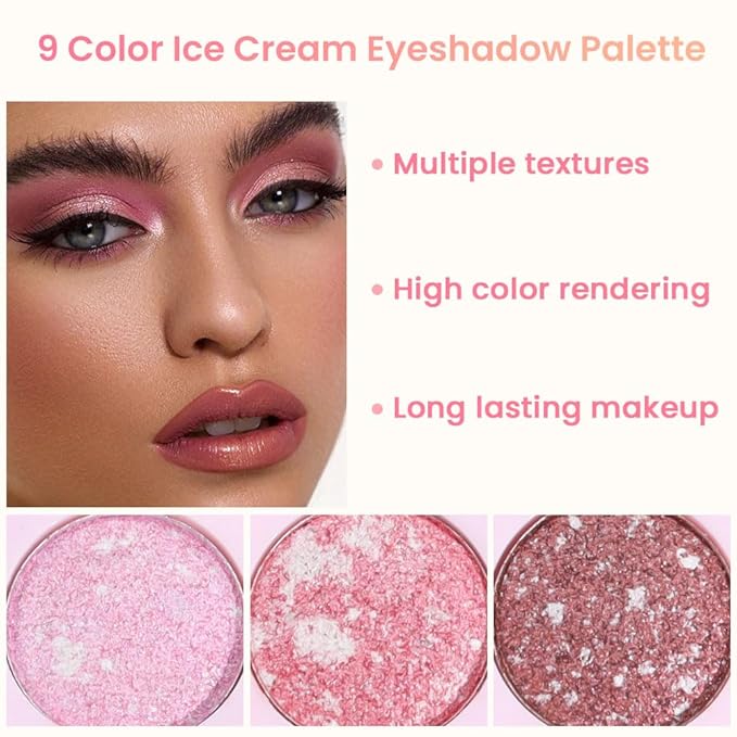 9Colors Eyeshadow Palette, Pink Eye Enhancers Magic EyeShadow Palette, Glitter Shimmer Sparkly Eye Shadow Makeup, Velvety Pigmented Creamy Long Lasting Waterproof Naturing-Looking Women Girls