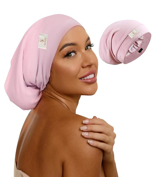 100% Mulberry Silk Bonnet for Sleeping for Curly Hair and Braids, Wrap with Adjustable Strap for Women and Men, Silk, Not Satin（1Pc,Pink