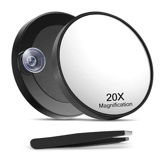 20X Magnifying Mirror with 2 Suction Cups, 3.5 inches Magnified Makeup Mirror and Slant Tweezers,Black,1PC