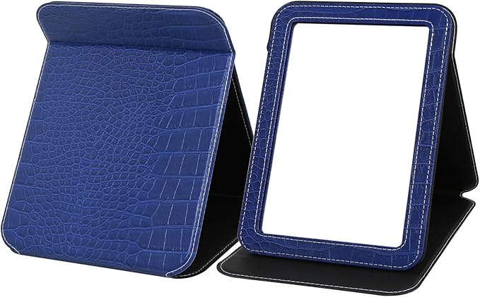 Blue Foldable Desk Mirror, 6.5×8.9” Adjustable Angle Rounded Rectangle PU Edge Covering Travel Mirror with Stand (LBlue)