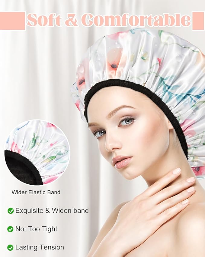 Auban Terry Lined Reusable Large Shower Cap for Women, 3 Layer Waterproof Hair Cap